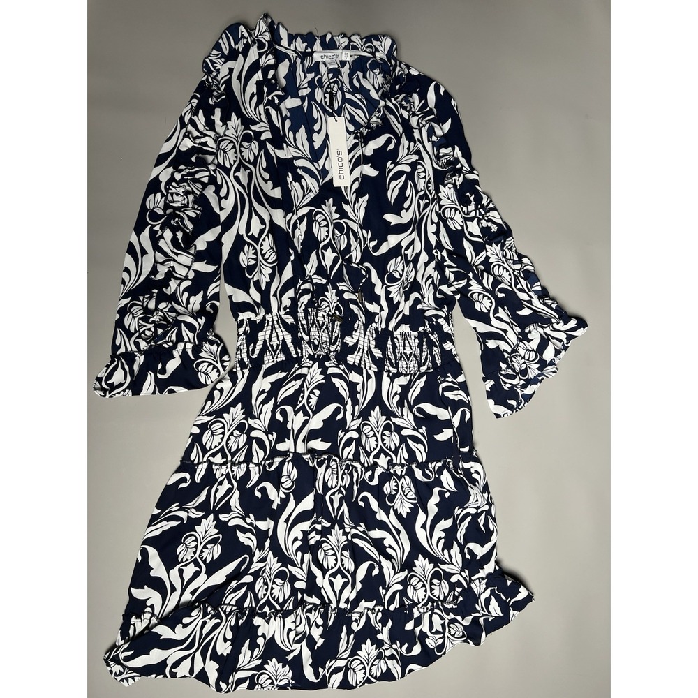 NWT Chico's Women's Shift Dress Short Floral Smocked Ruffle V-Neck 3/4 Bell 6